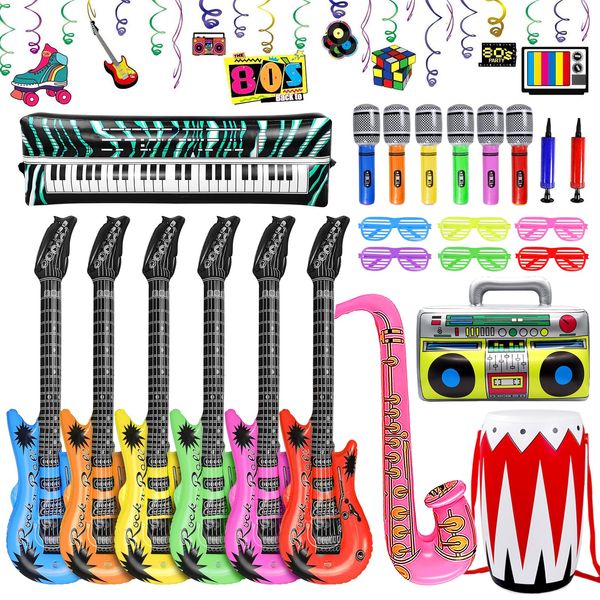 32Pcs Inflatable Instruments Accessories Set,Neon Inflatable Party Prop Inflatable Guitar Microphones Piano Drum Boom Box Saxophone Hanging Swirls,Inflatable Rock Star Toy 80s for Party Kids Adults