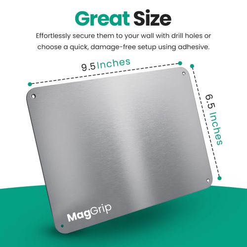 9.5 inches x 6.5 inches Stainless Steel Plate for Magnets, 3M Adhesive Back, Mounting Screws, Ideal for Magnetic Shelf, Spice Holders, Fridge Magnets. Mount Anywhere! (Silver, 1 PACK)