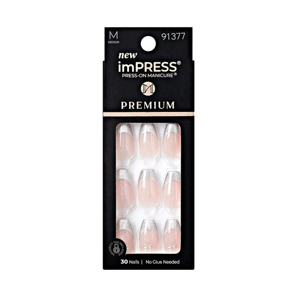 KISS imPRESS No Glue Mani Press-On Nails, Premium, Memory Lane', Silver, Medium Size, Coffin Shape, Includes 30 Nails, Prep Pad, Instructions Sheet, 1 Manicure Stick, 1 Mini File