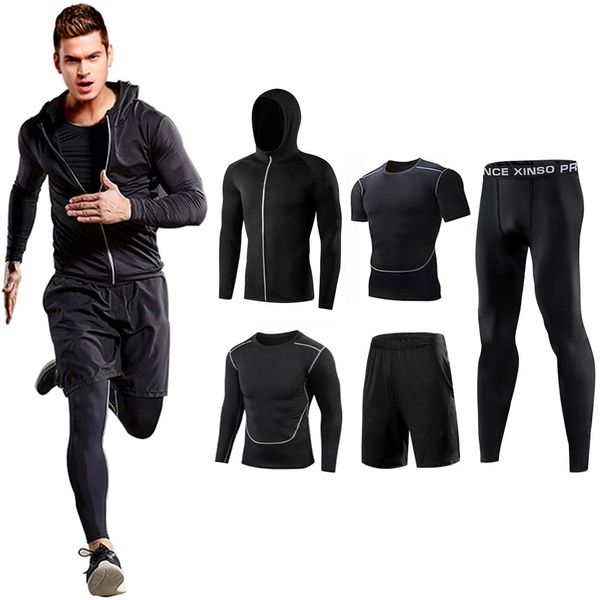 foveitaa Men’s Compression Clothing 5-Piece Set, Training Wear, Breathable, Odor Resistant, Sportswear, Running Wear, Hoodie, Long Sleeve Shirt, Short Sleeve Shirt, Shorts, Tights, Sweat-Absorbent,