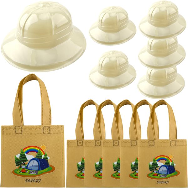 12 Pcs Kids Explorer Role Play Hats Tote Bags Set Plastic Safari Party Hats Bulk and Jungle Adventure Tote Bags Bulk for Kids Jungle Party Activities Dress Up Halloween Cosplay