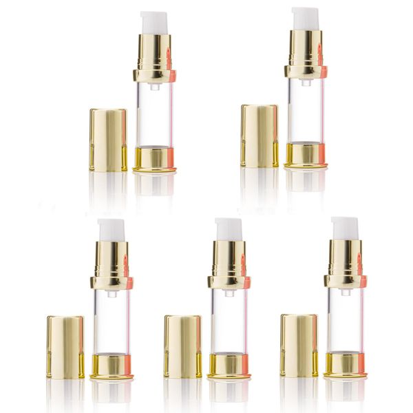 Airless Pump Bottles Pack of 5 empty Plastic Pump Travel Bottle Lotion Dispenser foundation cream gel cosmetics (Gold 7.5ml)