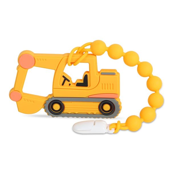 Baby Construction Vehicles Teething Toys,Food Grade Silicone Teether with One-Piece Pacifier Clip Holder,Best Shower Gift for 3 Months+ Boy and Girl,BPA Free,Freezer Safe. (Excavator)