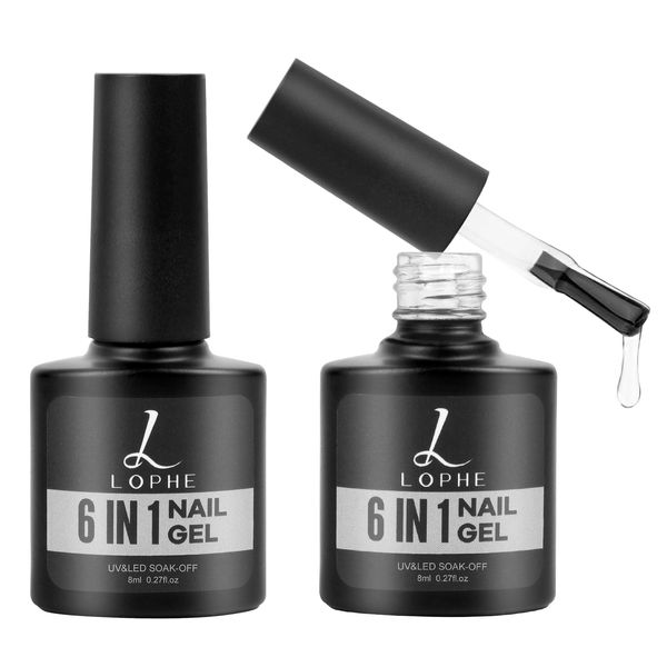 LOPHE 6 in 1 Gel Nail Glue, 2Pcs UV Nails Glue Base Coat for Nail Tips, Long Lasting Extra Strong Nail Building Extension, Gel Glue Need Curing Under UV/LED Nail Lamp, 8ml