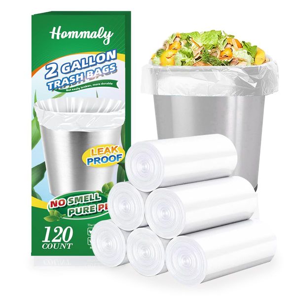 Hommaly 2 Gallon (1.8-2 Gal)120 pcs Small Clear Trash Bags, Strong 1.8 Gallon Garbage Bags, Bathroom Trash Can Bin Liners Unscented, Mini Plastic Bags for Office, Waste Basket Liner,Fit 6,7,8 Liters