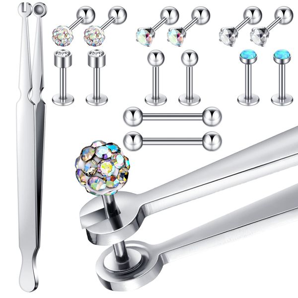 15 Pcs Piercing Kit Piercing Ball Grabber Tool Piercing Barbell Clamps Piercing Forceps Stainless Steel Pliers Jewelry Clamp Tweezers Labret Ear Studs Lip Studs Tongue Studs Piercing Removal Tool