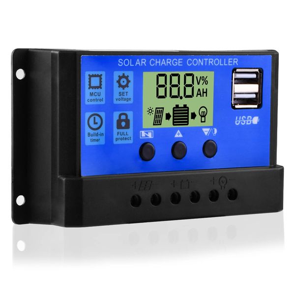 DiyStudio 20A Solar Controller 12V/24V LCD Dual USB Charging Discharge Function Voltage Power Display Charge Controller