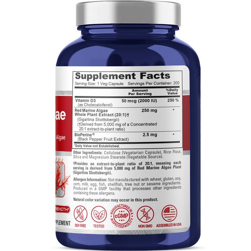 NusaPure Red Marine Algae 20:1 Extract, 250 mg Equivalent to 5,000 mg 200 Veggie Capsules (Non-GMO & Soy Free) Bioperine
