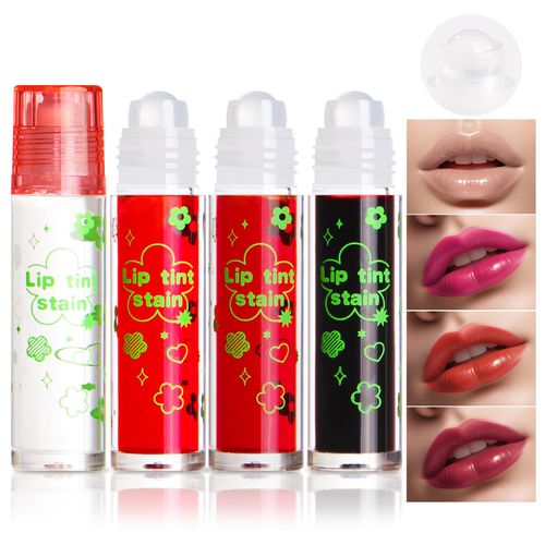 Prreal Set di 4 pezzi di inchiostro per labbra roll-on, Highly pigmented Lip Stain Gloss, Multi-Function Lip Tint Blush Eyeshadow Lip Stains, Long-Lasting Moisturizing Lipstain with Clear Lip Oil (Set