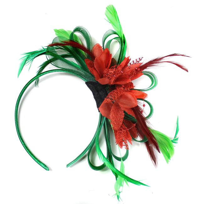 Caprilite Fashion Green and Red Net Hoop Feather Hair Fascinator Headband Wedding Royal Ascot Races