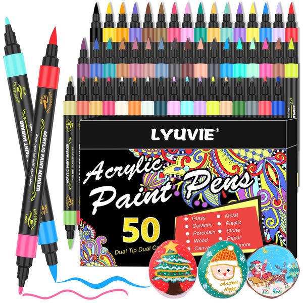 Lyuvie 100 Farben Acrylstifte für Steine Wasserfest Set,50 Stück Multimarker Acrylic Paint Marker,Dual Tip Acrylmarker Feine Spitze & Pinselspitze für Steine zum Bemalen Holz Glas Papier