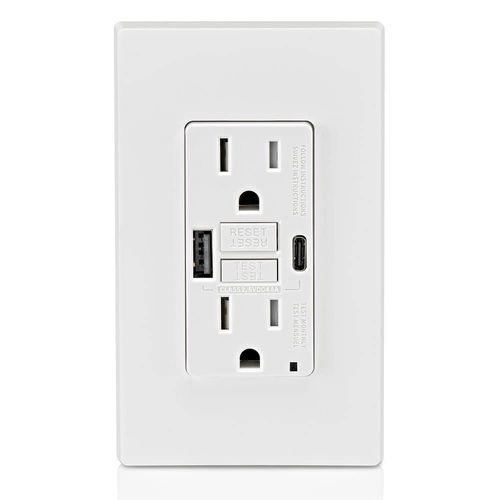 Leviton GUAC1-W 15A SmartlockPro Self-Test GFCI Combination with Type A & Type-C USB in-Wall, USB Charger for Smartphones and Tablets