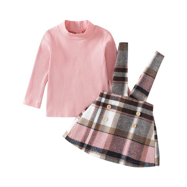 Madjtlqy Baby Girls Fall Winter 2Pcs Outfit Sets Ribbed Long Sleeve Pullover Tops + Plaid Suspender Skirt 12 18 24M 2T 3T 4T 5T (A-Pink, 3-4 Years)