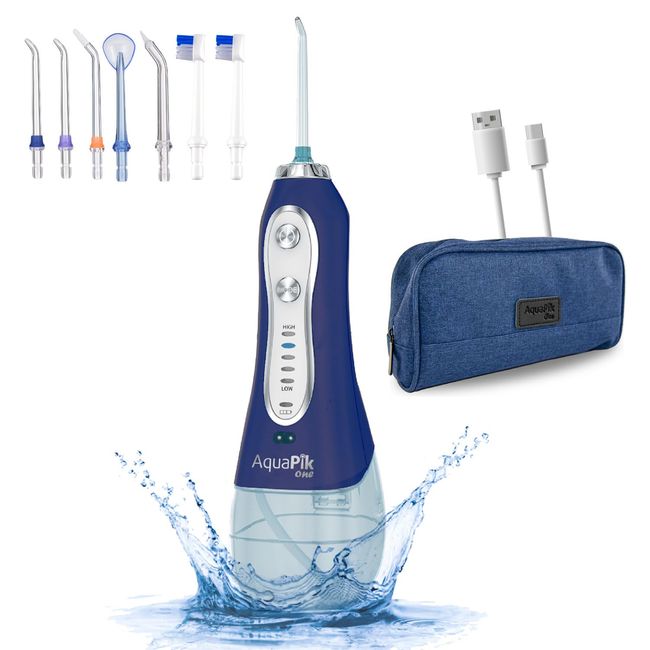 Aquapik One Portable Rechargeable Oral Irrigator for Travel Water Purification 5 Pressure Modes and Functionality Powerful Professional Oral Irrigator 8 Nozzles 300ml (Blau)