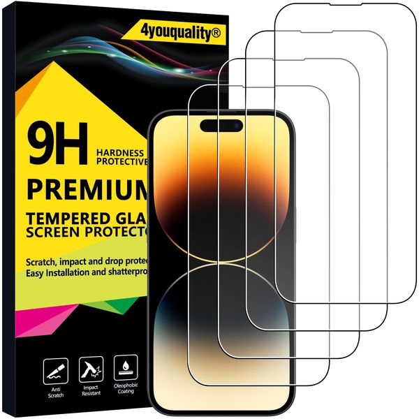 4youquality [4-Pack[Full Coverage] Screen Protector for iPhone 14 Pro (6.1-Inch), Tempered Glass Film, [LifetimeSupport][Impact-Protection][Anti-Shatter][Anti-Scratch]