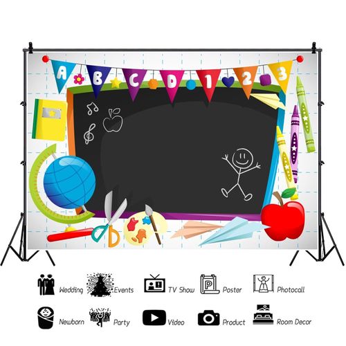 Leyiyi 8x6.5ft Vinyl Photography Background Welcome to Kindergarten Backdrop Cartoon ABC Letters Black Blackboard Watercolor Pen Paper Airplane Globe Back to School Themed Party Backdrops Banner