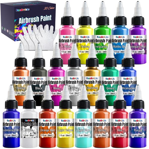 FansArriche Airbrush Paint, 20 Colours Water-based Air brush Paint Kit, Opaque & Neon Colours, Premium Airbrush Paint Set for Beginners, Artists, DIY Projects, 30ml/Bottle