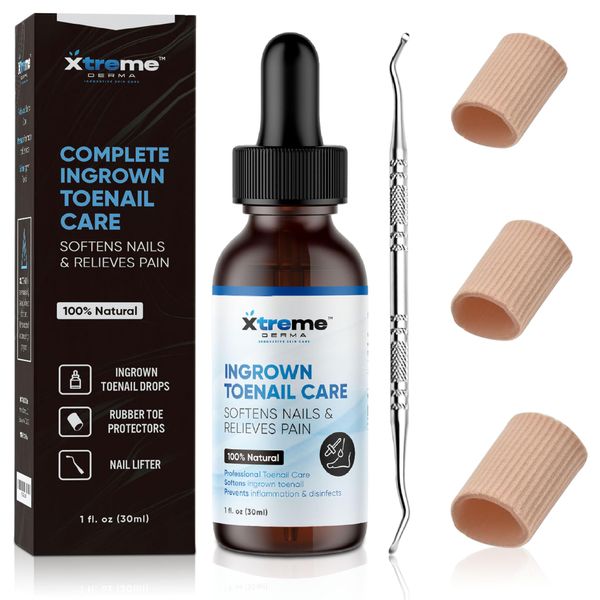 Xtreme Derma Ingrown Toenail Treatment - 3 in 1 Ingrown Toenail Removal Kit + Pain Relief - Ingrown Toenail Drops + Toe Protectors + Nail Lifter