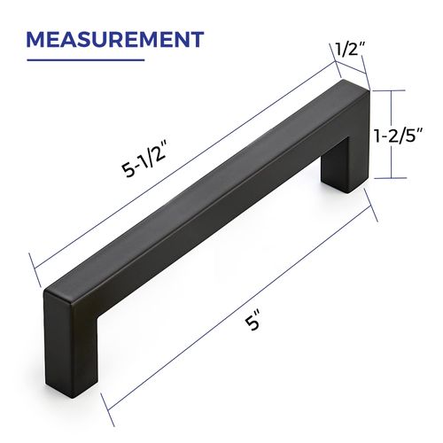 5 Pack Matte Black Cabinet Pulls, 5 Inch (128 mm) Hole Center Cabinet Handles, Square Kitchen Hardware for Doors, Drawers & Cupboards, Black Stainless Steel, 5.5 Inch Overall Length