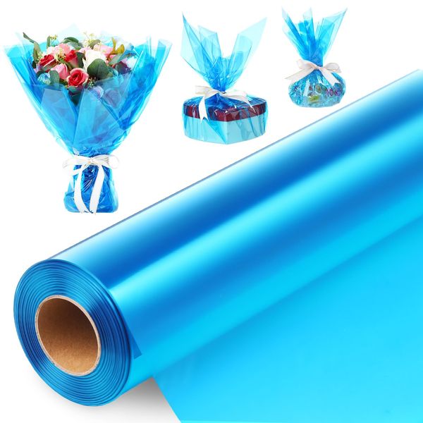 Seajan Blue Cellophane Roll 32 in x 200 ft Valentine‘s Day Cellophane Wrap for Gift Baskets Wrap Roll Colored Transparent Wrapping Paper for Flower DIY Bouquet Candies Wedding Decoration