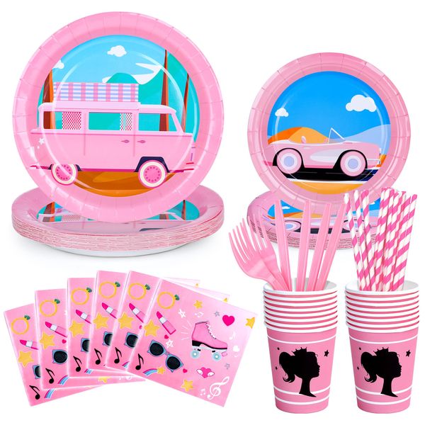 Hot Pink Girl Disposable Tableware Set Pink Princess Birthday Party Supplies includes Paper Cups,Dessert Plates,Party Lunch Dinner Plates and Party Supplies Napkins,Girl’s Birthday Decor for 16 Guests