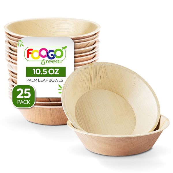 FOOGO Green 25 Disposable Palm Leaf Bowls | 6" (15cm) 10.5oz (300ml) Dessert and Salad Bowls | Round | Eco Friendly and Biodegradable |Like Wooden Bowl Paper Bowl|Party