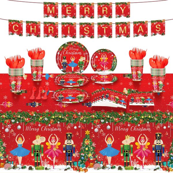 Ziliny 172 Pcs Christmas Nutcracker Party Supplies, Merry Christmas Banner Nutcracker Party Tablecloth Christmas Disposable Tableware Napkins for Xmas Theme Holiday Party Supplies, Serve for 24