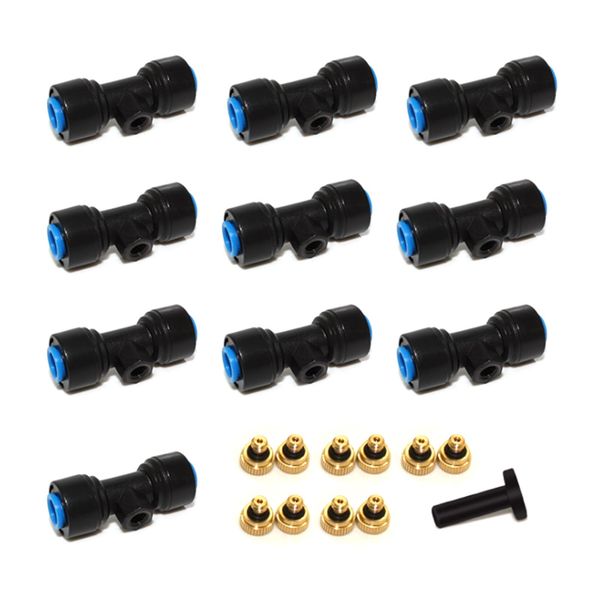 21Pcs Water Misting Nozzles Sprinkler Kit, Brass Misting Nozzles Thread Misting Nozzle Tees with Connectors Plugs Outdoor Cooling System for Patio Lawn Garden Greenhouse Trampoline