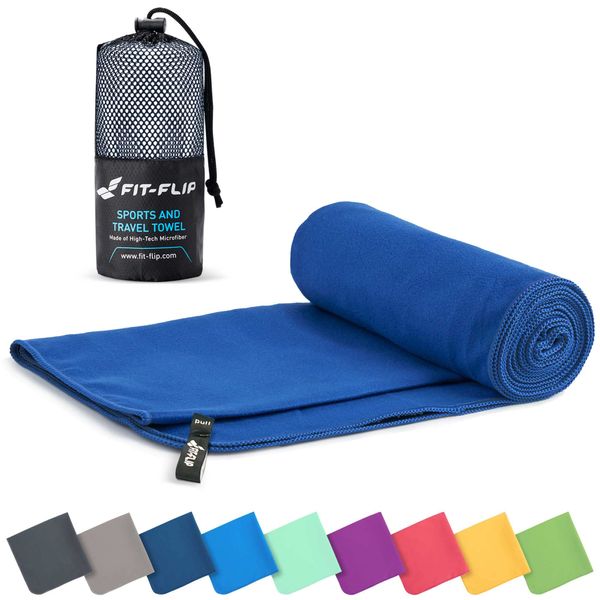 Fit-Flip Microfibre towel - compact, ultra lightweight & fast drying travel towel - the perfect sports, gym & beach towel, camping towel and swimming towels (2x 30x50cm dark blue + 1 bag)