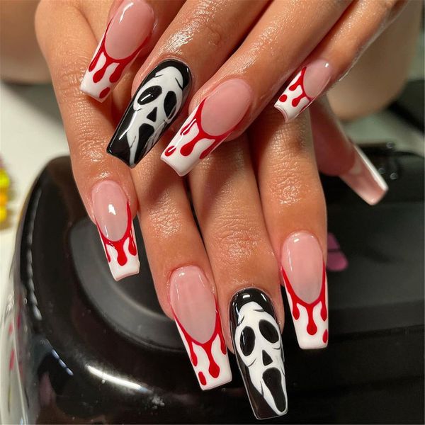 Nail Tips, Long False Nails, DIY Nails, 24 Pieces, Handmade Nail Tips, Black, Halloween Decorations, Ghosts, Spiders, Pumpkin Devils, Halloween, Parties, Photography/Accessories, Stand Out, Halloween,