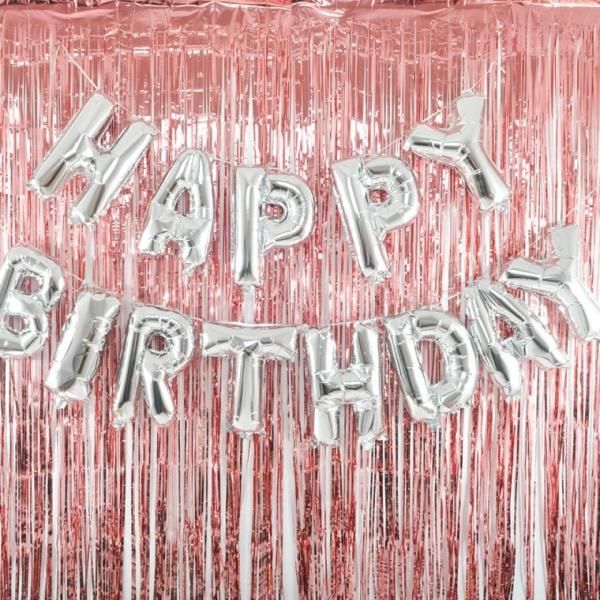 (Silver Balloon Birthday Silver + Curtain Rose Gold Set) Party Decoration Foil Balloon Surgery Curtain Birthday Party Anniversary