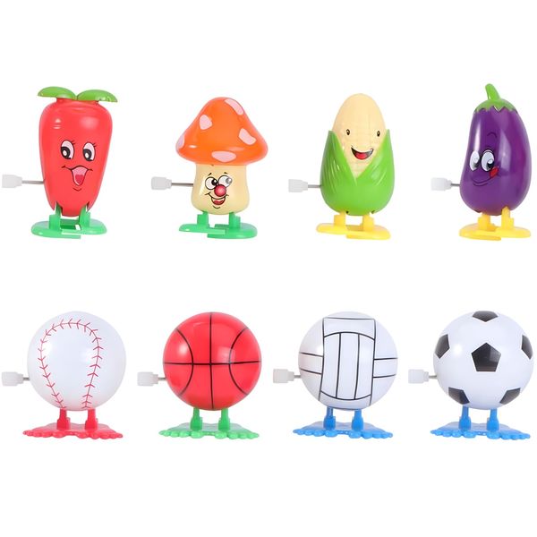 Gawertoy 8 Pack Wind Up Toys for Kids, Cartoon Vegetable Wind-Up Toys Plastic Sports Ball Clockwork Toys Novelty Walking Jumping Toys for Easter Egg Hunt Basket Filler Party Favor Birthday Gift (#A)