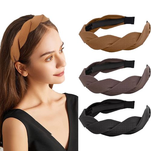 RabbFit 3 Pieces Fashion Solid Headbands Wide Braided Headband Fabric Hair Bands with Tooth 3cm Full Colors Weave for Women and Girls 3 Colors