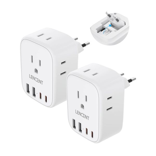 2 Pack European Travel Plug Adapter, LENCENT International Type-C Foldable Power Plug with 4 Outlets, USB C Charger Adaptor, US to Most of Europe EU Iceland Spain Italy France Germany, Cruise Approved