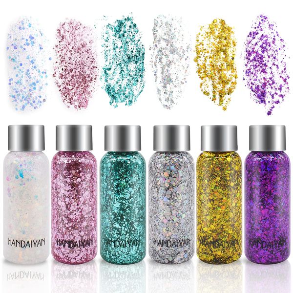 AOKITO 6 Bottiglia Glitter Body Gel,Brillantini Make Up Glitterato con Lustrini,per Viso,Unghie,Occhi,Labbra,Capelli,Corpo,per Musica,Festival,Feste in Maschera(Bianco/Oro/Argento/Rosa/Verde/Viola)