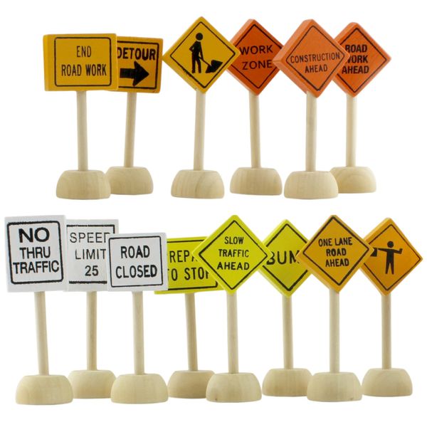 Attatoy Toy Wooden Road Construction Traffic Sign Set; Street Signs Small Toy Cars and Other Diecast Vehicles & Wood Cars & Toys