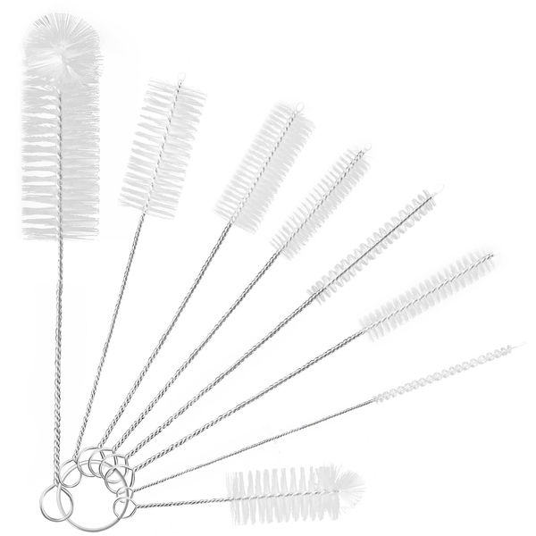 YUNGMAX Small Bottle Brush Set, 8PCS Nylon Straw Cleaner Pipe Brushes for Washing Narrow Neck Water Bottles Jars Teapot Spout (White)