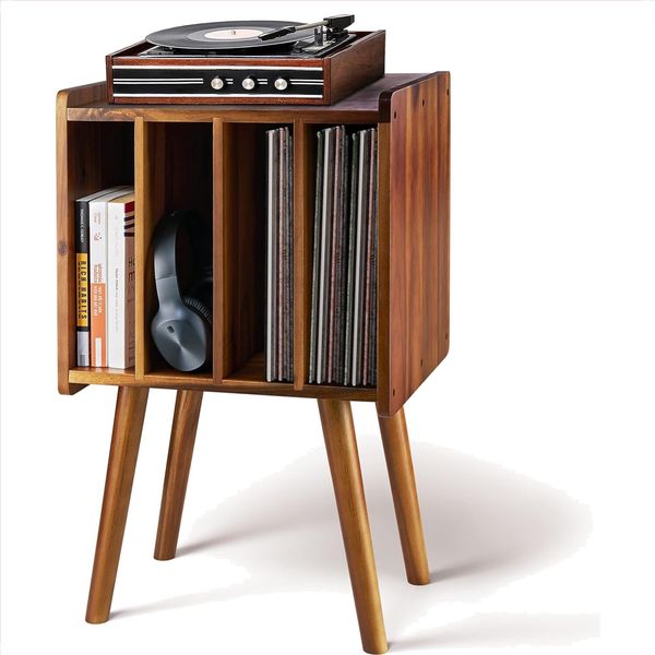 Versatile Acacia Record Holder & Stylish Side Table - Holds 100 Vinyl Records