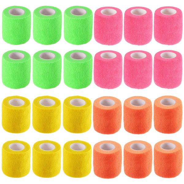 24 Rolls Aleaf Self Adhesive Tape Self Taping Elastic Bandages Breathable Elastic Non Woven Fabric Sport Protection Pet Care 2.0 x 13.7 ft (5 x 4.5 m) (6 Fluorescent Orange, 6 Lemon Yellow, 6 Fluorescent, 6 Fluorescent Green)