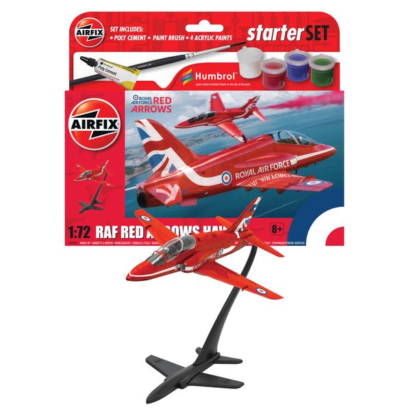 Airfix Starter Set - A55002 Red Arrows Hawk Model Building Kit - Plastic Model Plane Kits for Adults & Children 8+, Set Includes Decals, Acrylic Paints, Brushes & Poly Cement - 1:72 Scale Model