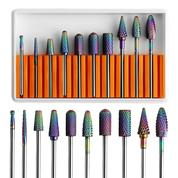 ERUIKA Nail Drill Bits Set, 10Pcs Tungsten Carbide Drill Bits for Nails Remove Acrylic Poly Nail Gel Polish, 3/32" Nail Files for Nail Cutter Cuticle Manicure