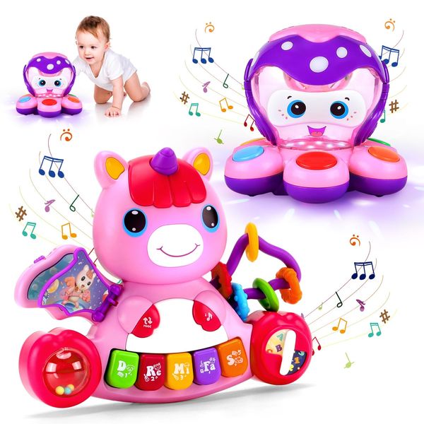 Baby Toys 6 to 12 Months Unicorn Baby Piano Toys 6 12 18 Months & Octopus Light Up Toys with Music Interactive Early Learning Musical Toys for 1 Year Old Girls Christmas Birthday Gifts