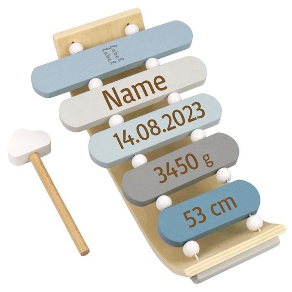 Elefantasie Xylophone aus Holz personalisierbar mit Name und Geburtsdaten Geschenk zur Geburt Blau