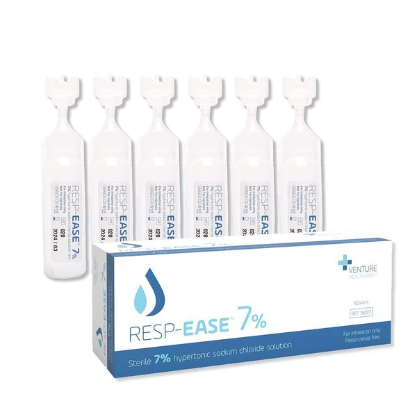 Resp-Ease 7% Sterile Hypertonic Saline Solution for Inhalation via Nebuliser - Helps Clear Airways and Congestion from Lungs - 60 x 4ml Vials - Strong Nebuliser Saline Solution