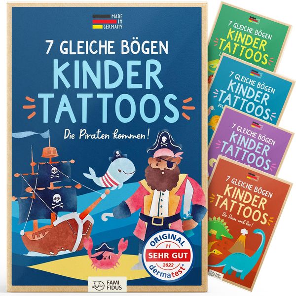 Famifidus +115 hautfreundliche Temporäre Tattoos I 7 gleiche Bögen I Dermatologisch SEHR GUT I Kinder Tattoo MADE IN GERMANY I Tattoo Kinder I Tattoos für Kinder (Die Piraten kommen!)