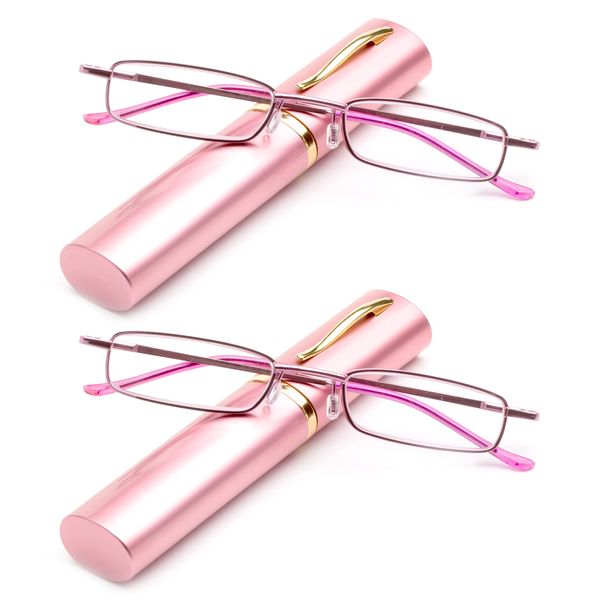 2 Packs Pocket Readers Ultra Slim Compact Reading Glasses Spring Temple w/Portable Pocket Clip Aluminum Case Pink +1.00