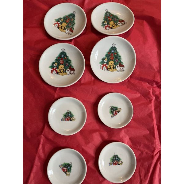 Mini Vintage Christmas Plate Set Teddy Bear Tree Porcelain Child Doll Play