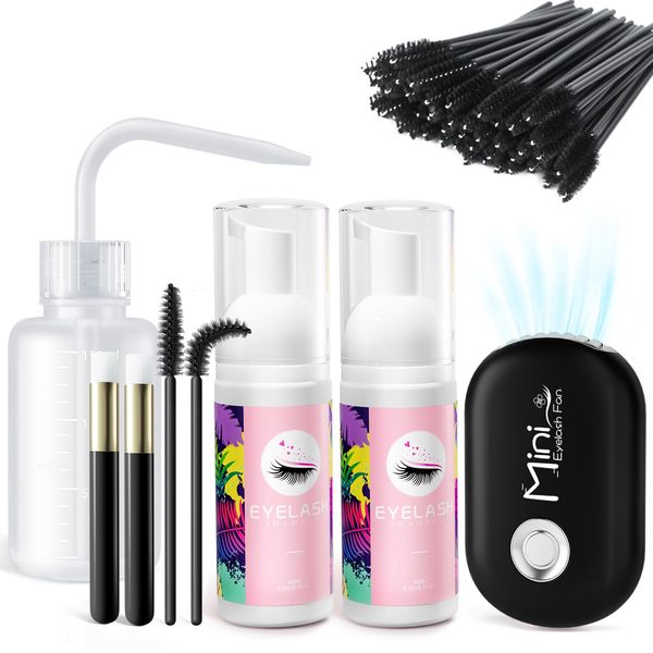 Lash Shampoo for Lash Extensions 2pcs 60ml Eyelash Extension Cleanser with Lash Fan Complete Lash Cleaning Kit Lash Extension Kit, Valentines Gay Gifts for Women Beginners Home Salon