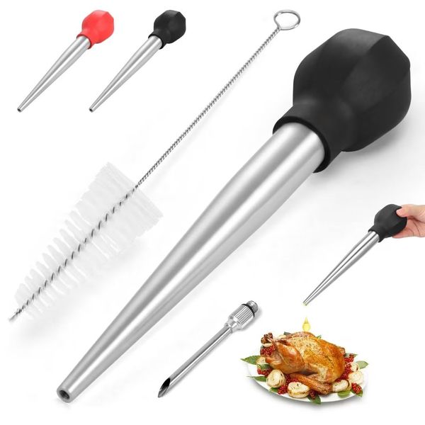 SCHVUBENR Large Turkey Baster with Cleaning Brush & Needle - Stainless Steel Baster Tool for Cooking - Easy to Use and Clean - Heavy Duty Baster Syringe - Flavor Meat Poultry, Beef, Chicken(Black)