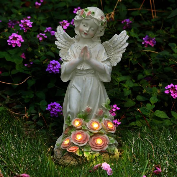 Garden Decor Angel Statue, Outdoor Patio Garden Sculptures & Statues, Solar Yard Decorations Lawn Ornaments Figurines for Outside